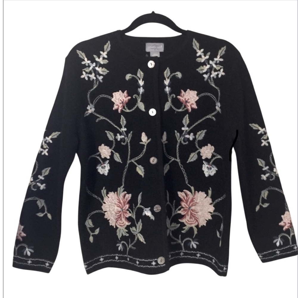 Carroll Reed Vintage Black Womens Wool Floral Embroidered Boho Button Cardigan